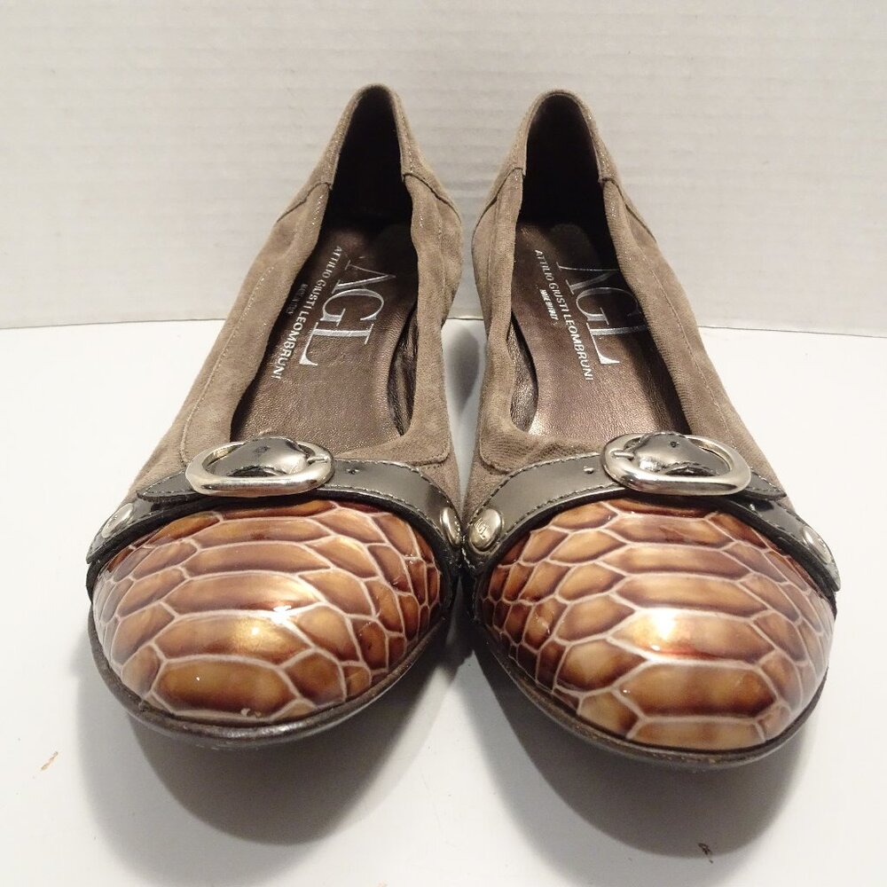 AGL Attilio Giusti Leombruni Leather Snake Cap Toe Low Wedge Pumps Size 37/ 7